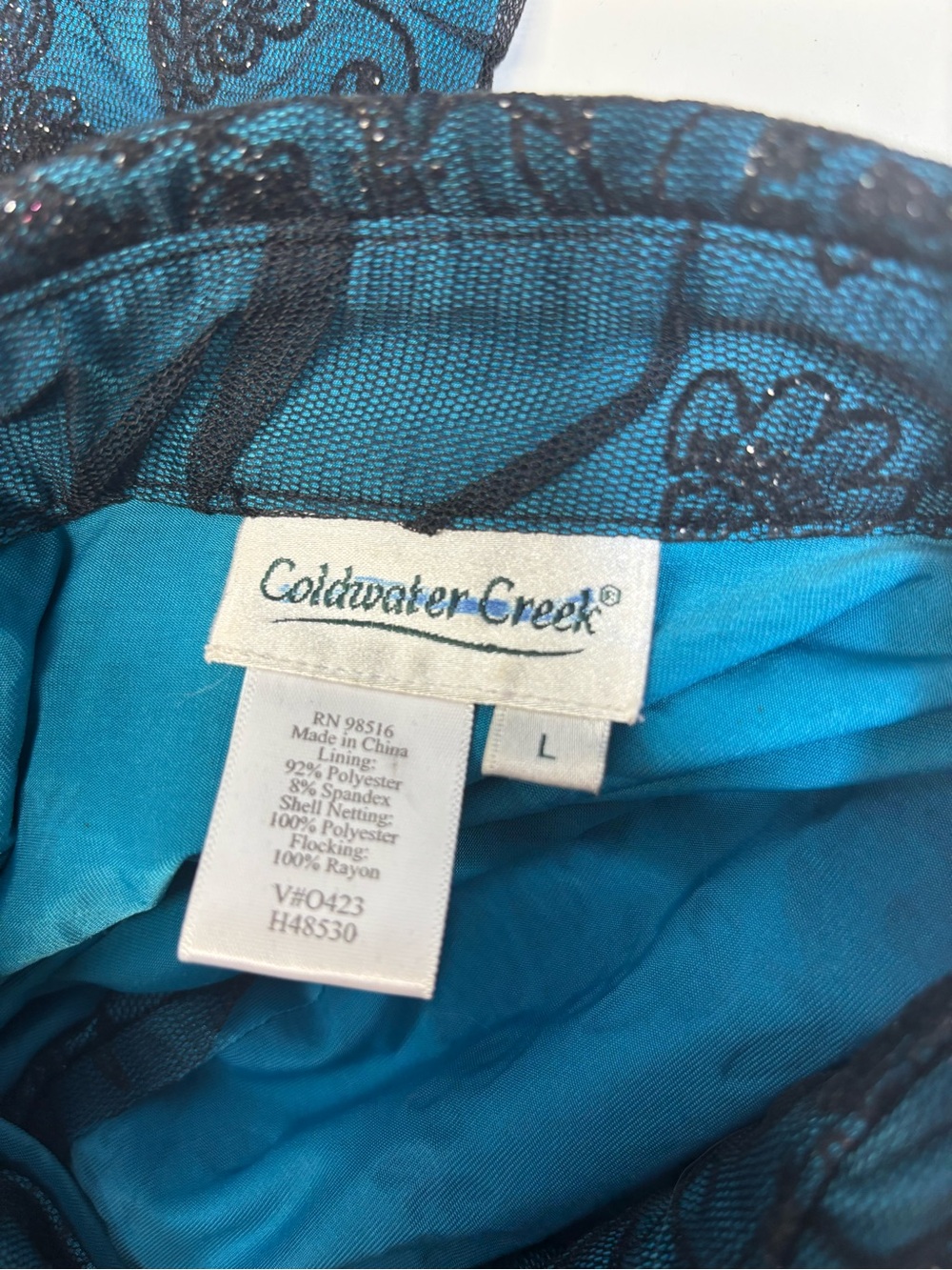 Coldwater Creek Teal Black
Flocked Floral Mesh Blouse
Glitter Shimmer Top L - Picture 5 of 7